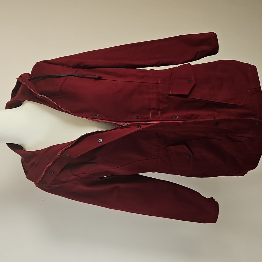 Betabrand Hooded Field Jacket Utility 100 Cotton Pockets Red Zip/Snap NEW Small